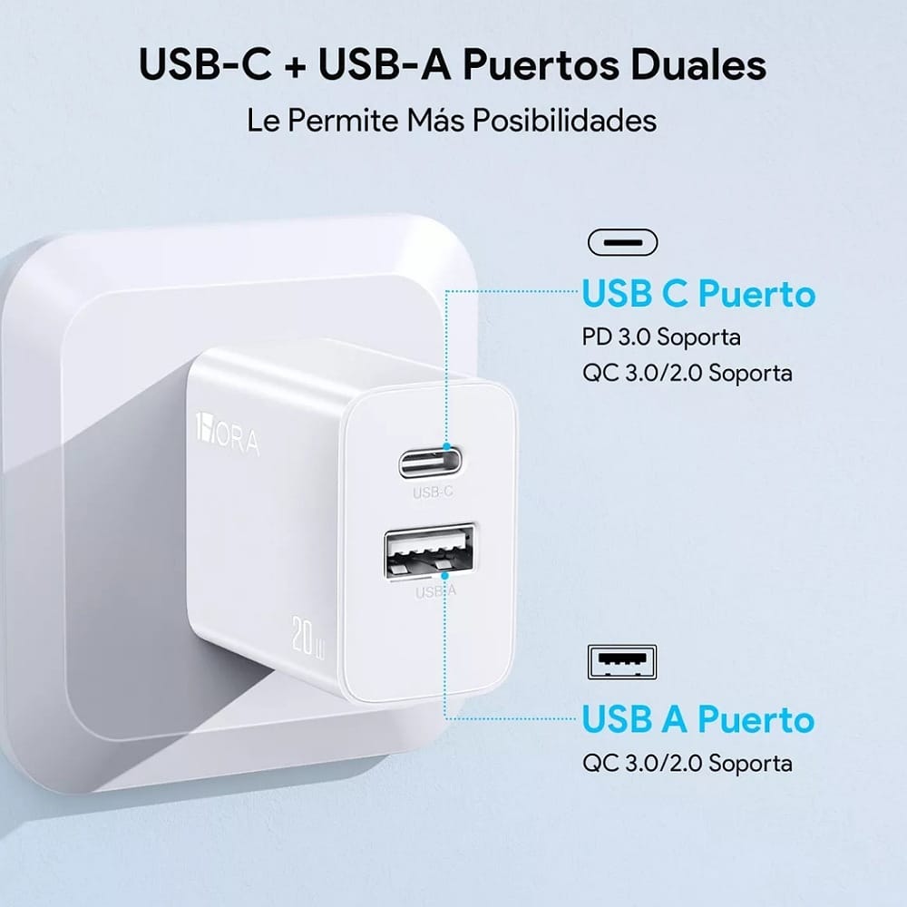 CUBO CARGADOR CON SALIDA DUAL USB + TIPO C 20 WATTS