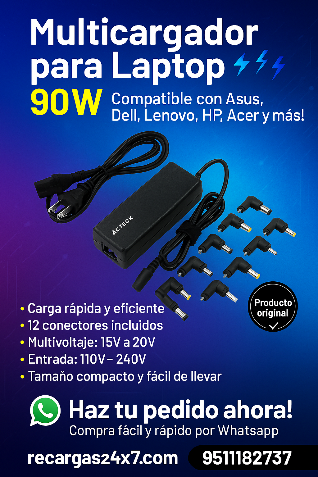 MULTICARGADOR PARA LAPTOP 90W 12 PUNTAS