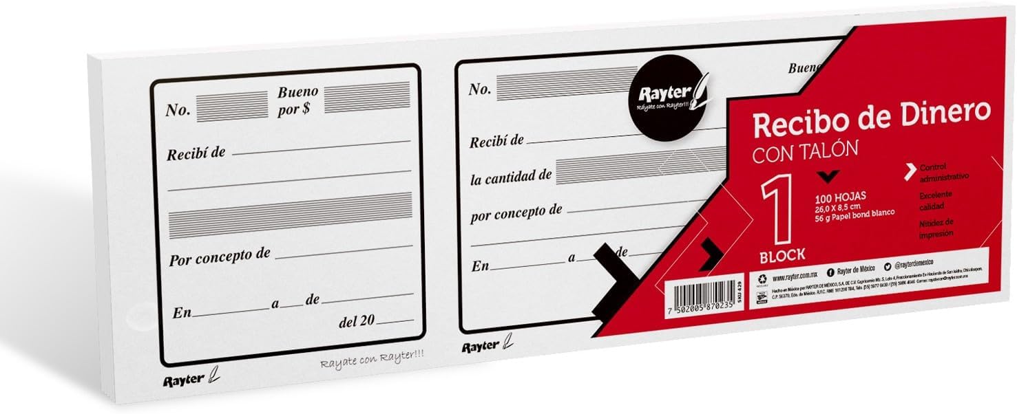 BLOCK RECIBO DE DINERO LARGO CON TALON CON 100