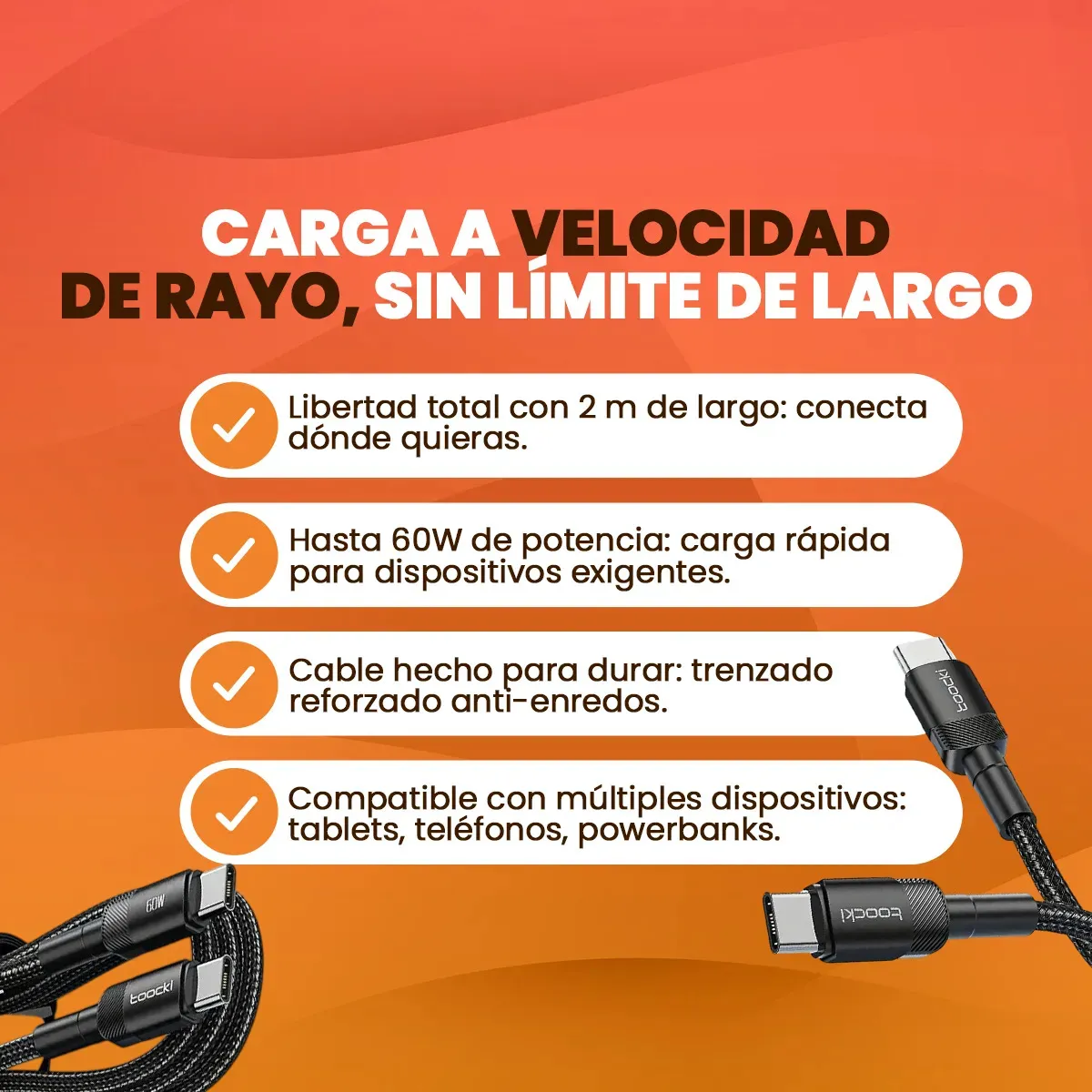 CABLE TIPO C A TIPO C CARGA Y DATOS TOOCKI 2M