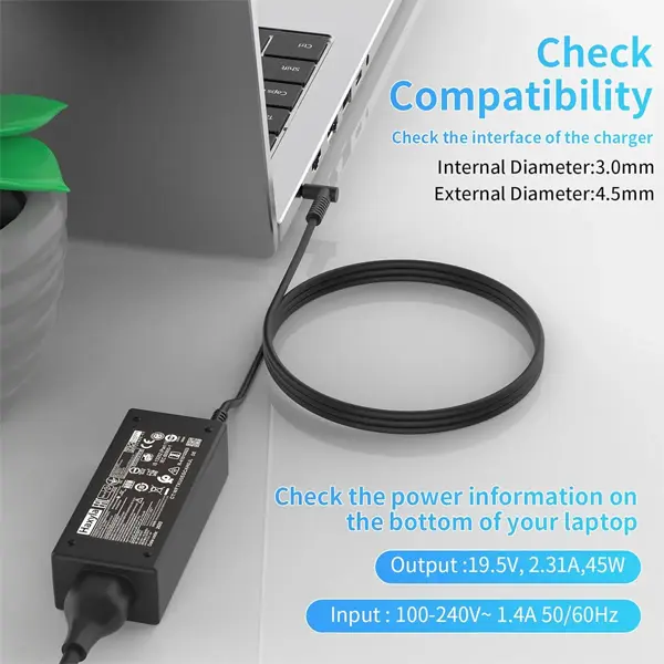 CARGADOR HP 45W 19.5V PLUG 4.5 X 3.0 MM PUNTA AZUL COLOR NEGRO