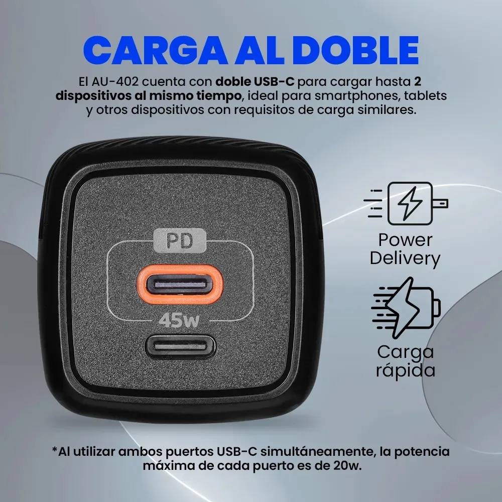 CARGADOR PARA PARED VORAGO CARGA RAPIDA 3.0 USB C DE 45W