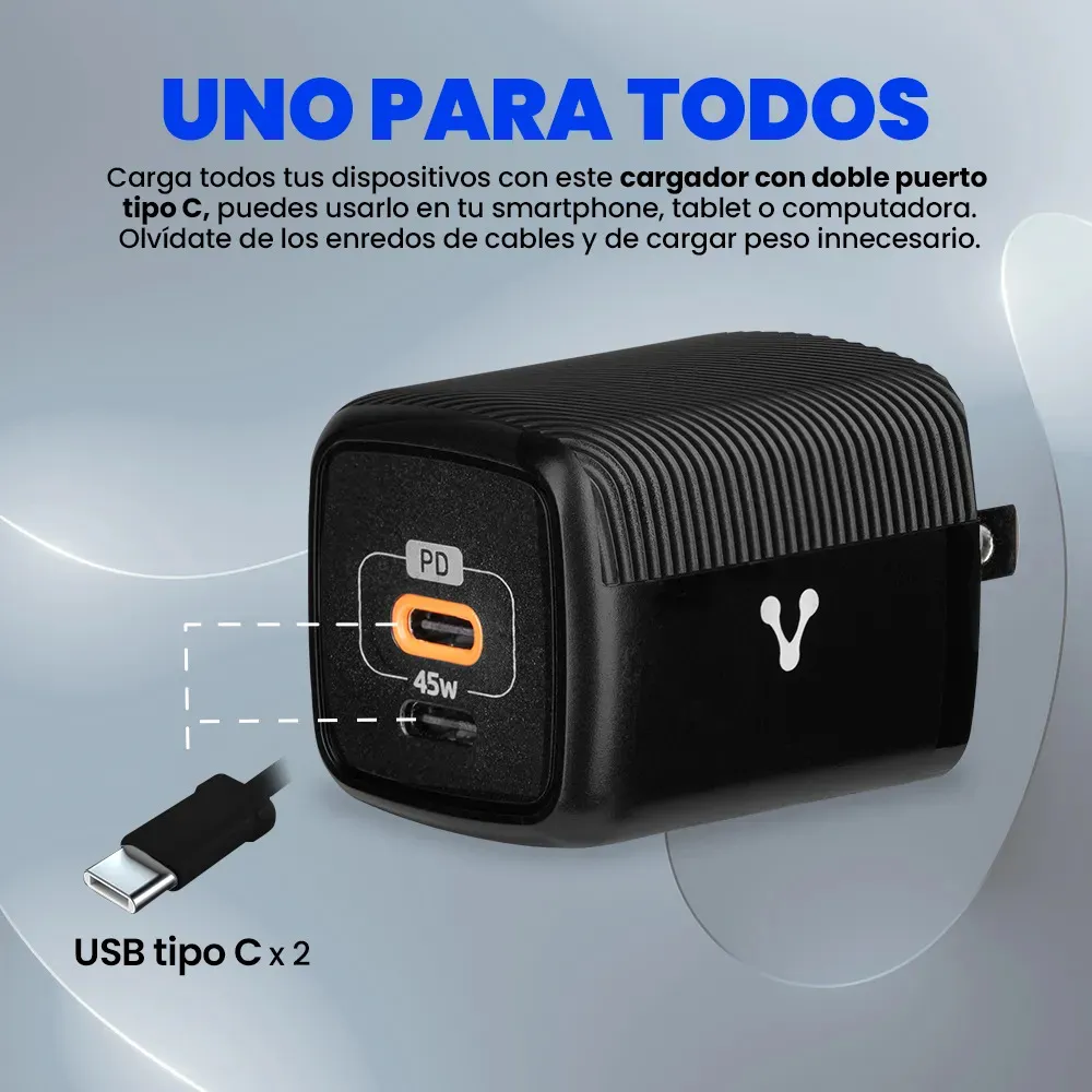 CARGADOR PARA PARED VORAGO CARGA RAPIDA 3.0 USB C DE 45W